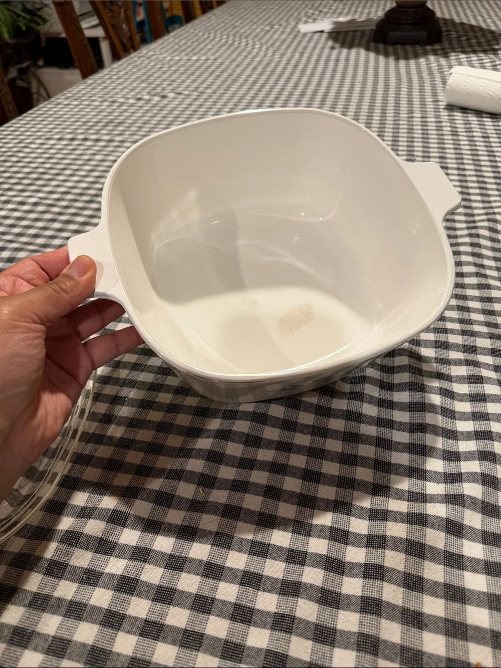 Corningware White Casserole Dish with Blue Floral Pattern and Clear Glass Lid